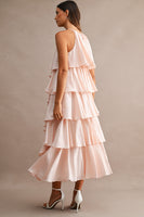MABLE Halter Neck Ruffle Tiered Midi Dress in Light Pink