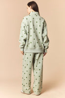 Peach Love Polka Dot Printed Fleece Quarter Zip Sweatshirt And Pants Set in Sage/Green