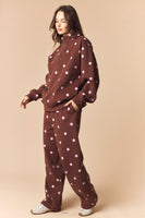 Peach Love Polka Dot Printed Fleece Quarter Zip Sweatshirt And Pants Set in Brown/Pink
