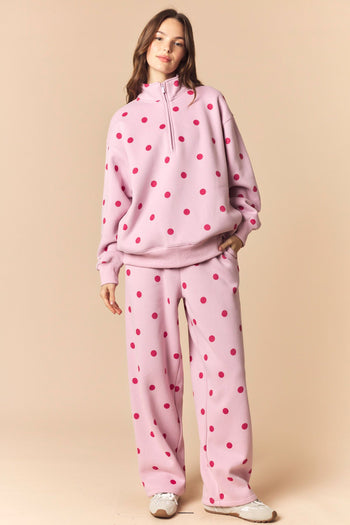 Peach Love Polka Dot Printed Fleece Quarter Zip Sweatshirt And Pants Set in Dusty Pink/Hot Pink