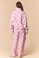 Peach Love Polka Dot Printed Fleece Quarter Zip Sweatshirt And Pants Set in Dusty Pink/Hot Pink