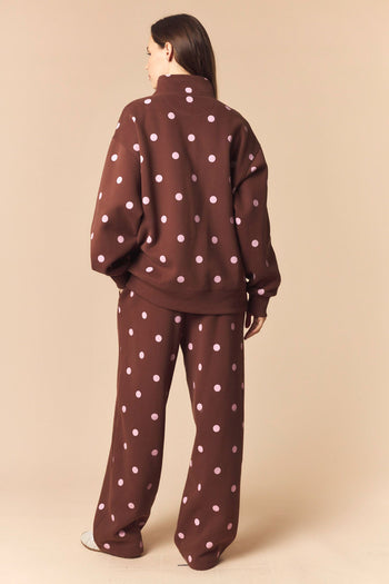 Peach Love Polka Dot Printed Fleece Quarter Zip Sweatshirt And Pants Set in Brown/Pink