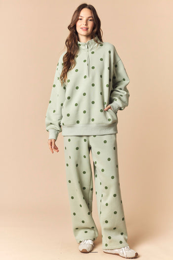 Peach Love Polka Dot Printed Fleece Quarter Zip Sweatshirt And Pants Set in Sage/Green