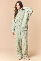 Peach Love Polka Dot Printed Fleece Quarter Zip Sweatshirt And Pants Set in Sage/Green