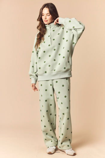 Peach Love Polka Dot Printed Fleece Quarter Zip Sweatshirt And Pants Set in Sage/Green