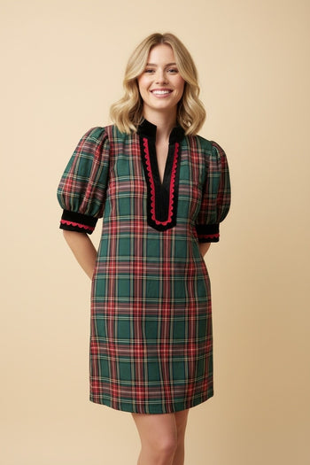 Heimish Tartan Plaid Shift Dress With Velvet Trim in Green