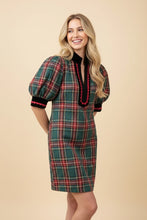 Load image into Gallery viewer, Heimish Tartan Plaid Shift Dress With Velvet Trim in Green
