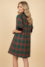 Load image into Gallery viewer, Heimish Tartan Plaid Shift Dress With Velvet Trim in Green
