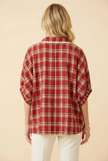 Heimish Plaid Split V-Neck Puff Sleeve Blouse in Red