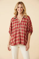 Heimish Plaid Split V-Neck Puff Sleeve Blouse in Red