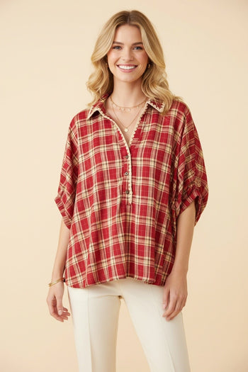 Heimish Plaid Split V-Neck Puff Sleeve Blouse in Red