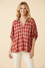 Load image into Gallery viewer, Heimish Plaid Split V-Neck Puff Sleeve Blouse in Red
