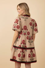 Load image into Gallery viewer, Heimish Botanical Print Puff Sleeve Tiered Mini Dress in Taupe
