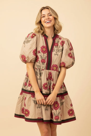 Heimish Botanical Print Puff Sleeve Tiered Mini Dress in Taupe