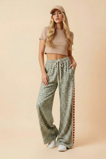 Heimish Leopard Print Heart Stripe Wide-Leg Pants in Cream