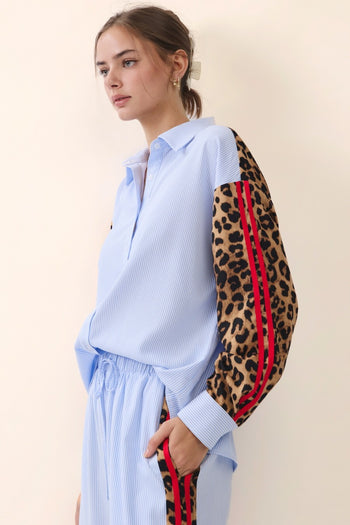 Oddi Striped Top with Contrasting Leopard Print and Stripes in Blue Stripe