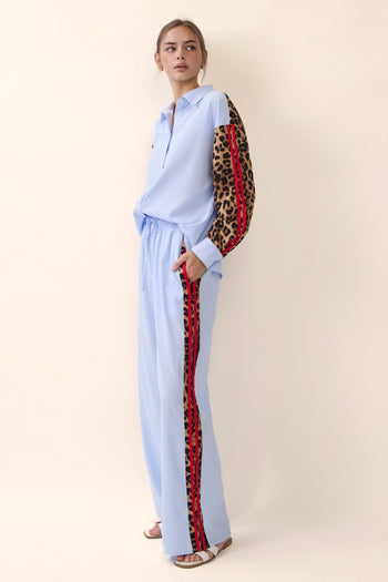 Oddi Striped Wide Leg Pants with Contrasting Leopard Print and Stripes in Blue Stripe