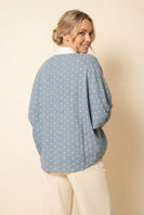Heimish Polka Dot Puff Sleeve V-neck Blouse With Contrast Trim in Light Blue