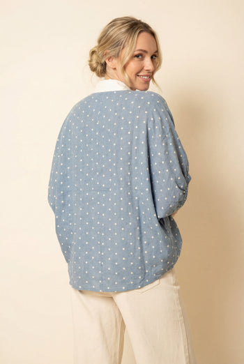 Heimish Polka Dot Puff Sleeve V-neck Blouse With Contrast Trim in Light Blue