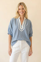 Heimish Polka Dot Puff Sleeve V-neck Blouse With Contrast Trim in Light Blue