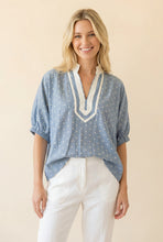 Load image into Gallery viewer, Heimish Polka Dot Puff Sleeve V-neck Blouse With Contrast Trim in Light Blue
