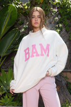 Load image into Gallery viewer, BucketList 'MAHJ' &amp; 'BAM' Print Reversible Mockneck Sweatshirt in Ash Grey/Pink
