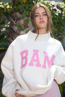 BucketList 'MAHJ' & 'BAM' Print Reversible Mockneck Sweatshirt in Ash Grey/Pink