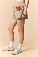 Peach Love Gingham Ruffled Football Patched Pocket Shorts in Brown