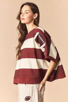 Peach Love Stripe Dolman Sleeve Crop Sweatshirt with Football Patches in Red Brown/Cream