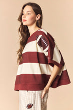 Load image into Gallery viewer, Peach Love Stripe Dolman Sleeve Crop Sweatshirt with Football Patches in Red Brown/Cream
