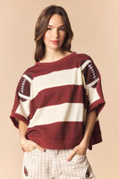 Peach Love Stripe Dolman Sleeve Crop Sweatshirt with Football Patches in Red Brown/Cream