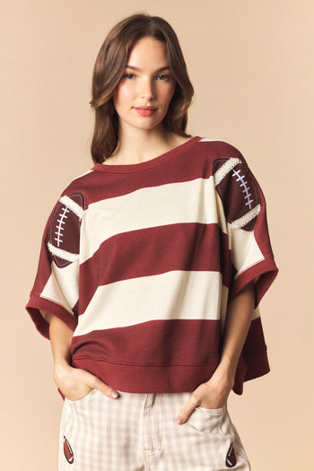 Peach Love Stripe Dolman Sleeve Crop Sweatshirt with Football Patches in Red Brown/Cream