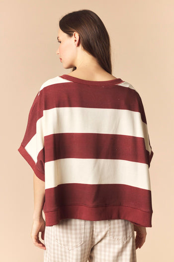 Peach Love Stripe Dolman Sleeve Crop Sweatshirt with Football Patches in Red Brown/Cream