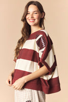Peach Love Stripe Dolman Sleeve Crop Sweatshirt with Football Patches in Red Brown/Cream
