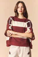 Peach Love Stripe Dolman Sleeve Crop Sweatshirt with Football Patches in Red Brown/Cream