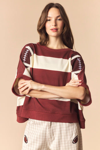 Peach Love Stripe Dolman Sleeve Crop Sweatshirt with Football Patches in Red Brown/Cream