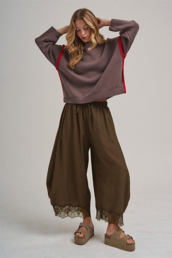 BON Wide Balloon Leg Pants With Delicate Lace in Vintage Mocha