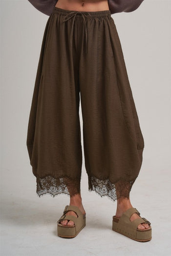 BON Wide Balloon Leg Pants With Delicate Lace in Vintage Mocha