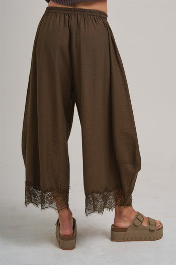 BON Wide Balloon Leg Pants With Delicate Lace in Vintage Mocha