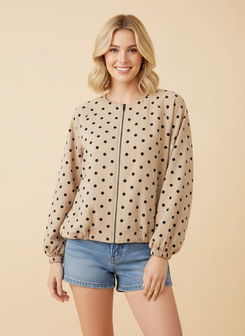 Heimish Polka Dot Raglan Sleeve Zip-up Bomber Jacket in Khaki