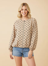 Load image into Gallery viewer, Heimish Polka Dot Raglan Sleeve Zip-up Bomber Jacket in Khaki
