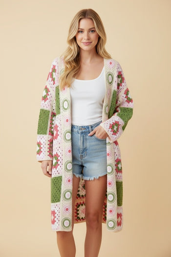 Heimish Granny Square Crochet Open-front Long Cardigan in Ivory/Pink/Green