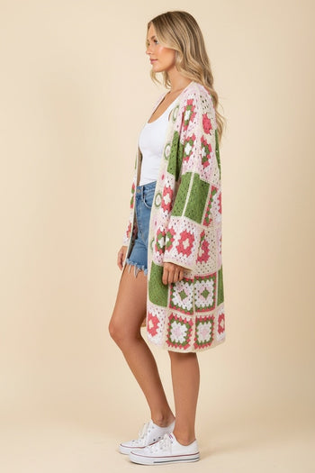Heimish Granny Square Crochet Open-front Long Cardigan in Ivory/Pink/Green