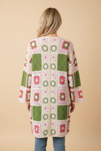 Load image into Gallery viewer, Heimish Granny Square Crochet Open-front Long Cardigan in Ivory/Pink/Green
