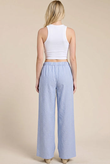 Charlotte Avery Pinstriped Linen Wide Leg Pants in Blue
