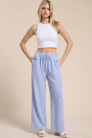 Charlotte Avery Pinstriped Linen Wide Leg Pants in Blue