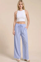 Charlotte Avery Pinstriped Linen Wide Leg Pants in Blue