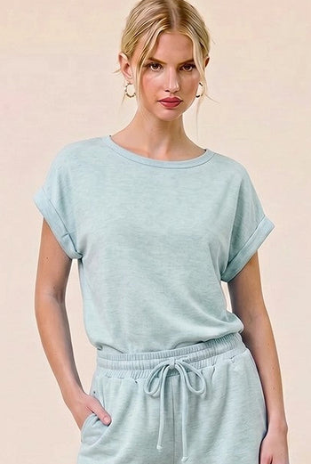 Charlotte Avery Marled Scuba Cuffed Sleeve Top in Aqua