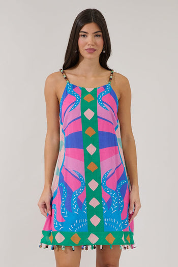 Aurey Beaded Sleeveless Mini Dress Tropical PINK-GREEN / L