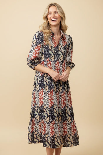 Heimish Paisley Floral Patchwork Midi Dress in Black/Rust